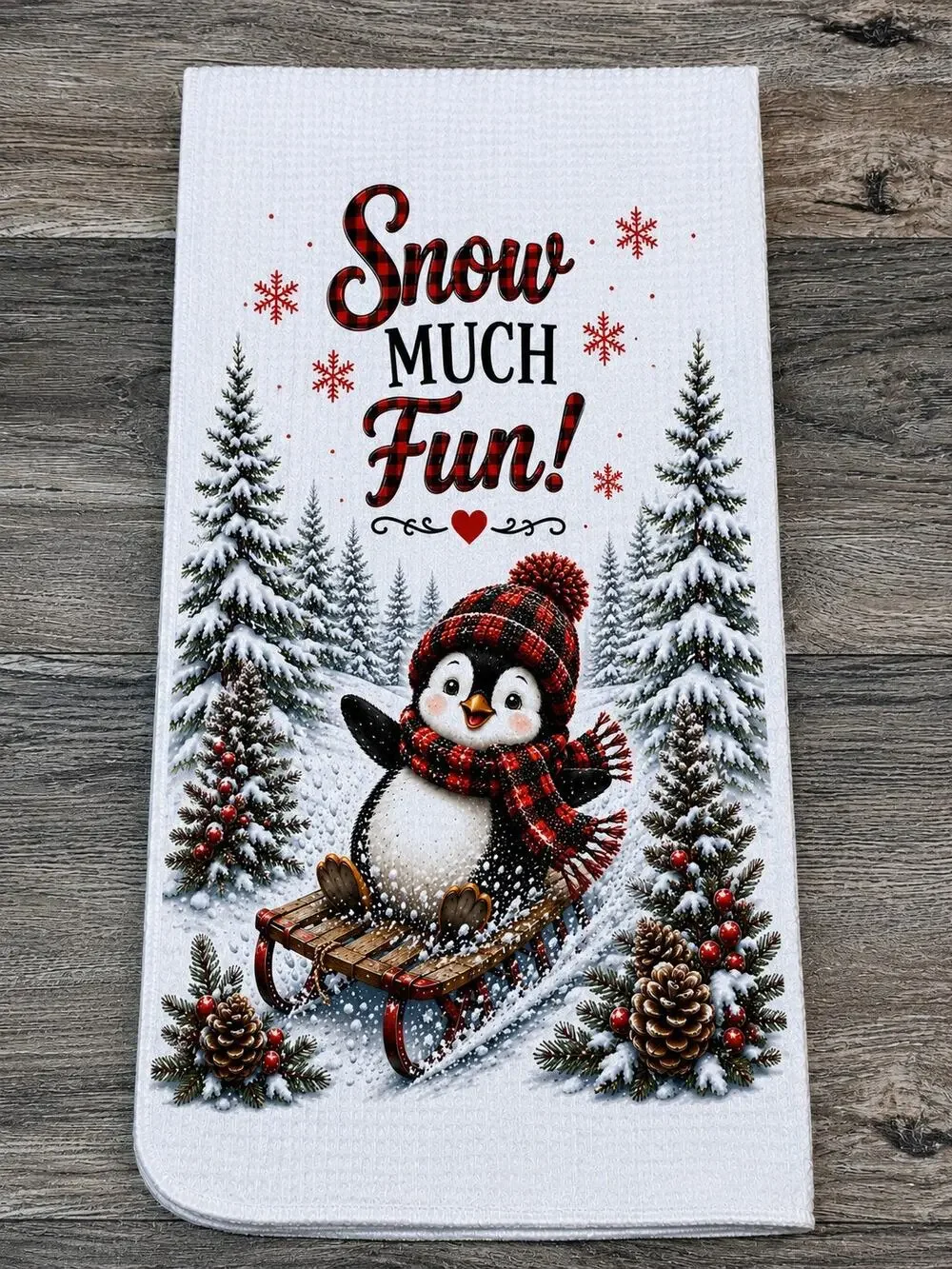 Snow Much Fun Penguin Kitchen Towel Red Buffalo Plaid Winter Decor